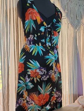 Margaritaville Black Cotton Tropical Floral Tie-Front Midi Dress